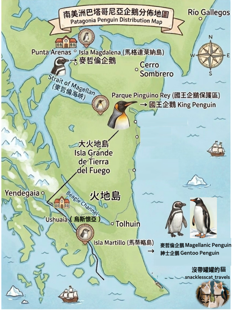南美洲巴塔哥尼亞(Patagonia) 企鵝分布圖