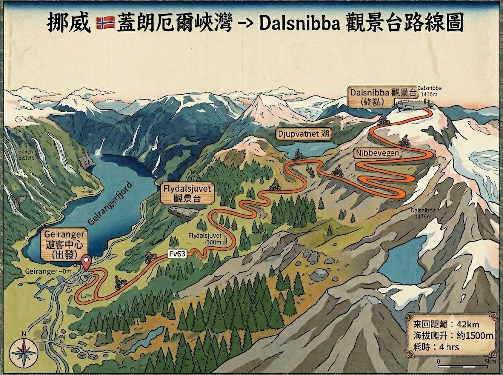 蓋朗厄爾峽灣 到 Dalsnibba觀景台路線圖