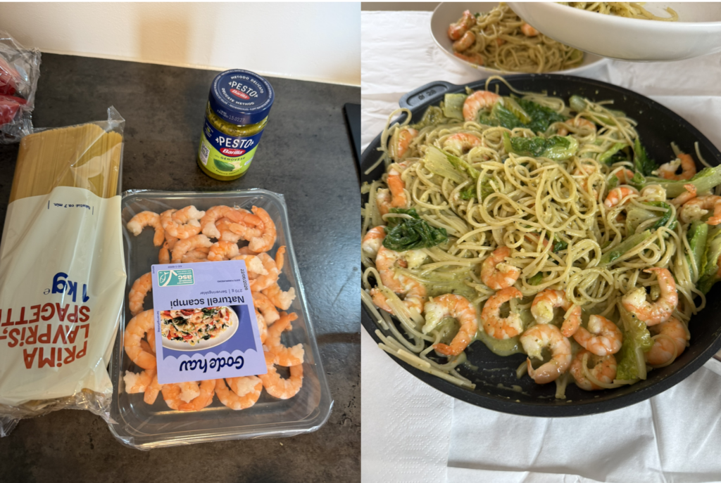 青醬義大利麵配蝦子＆蔬菜亂煮